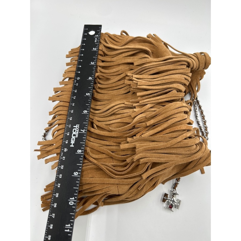 Tory Burch Mini Fleming Suede Fringe Hobo Bag Wild Tobacco Brown Silver Chain - Picture 11 of 11